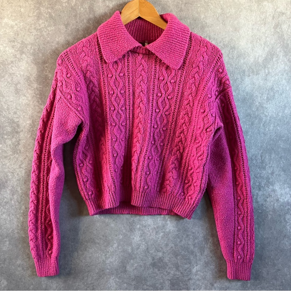 Free People Sweater Womens S / P Every Cloud Collared Fuchsia Pink Cottage Core